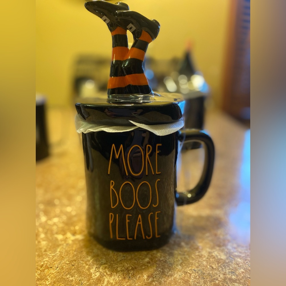 NWT Rae Dunn “More Boos Please” mug with Witches legs sticking up as the lid.
